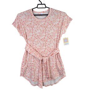 Womens Lularoe Pink & White Rose Print Mitzi Dress Belted Short Sleeve Size M
